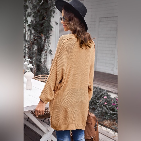 Exposed Seam Open Front Longline Cardigan with Pockets Mustard - Picture 3 of 4